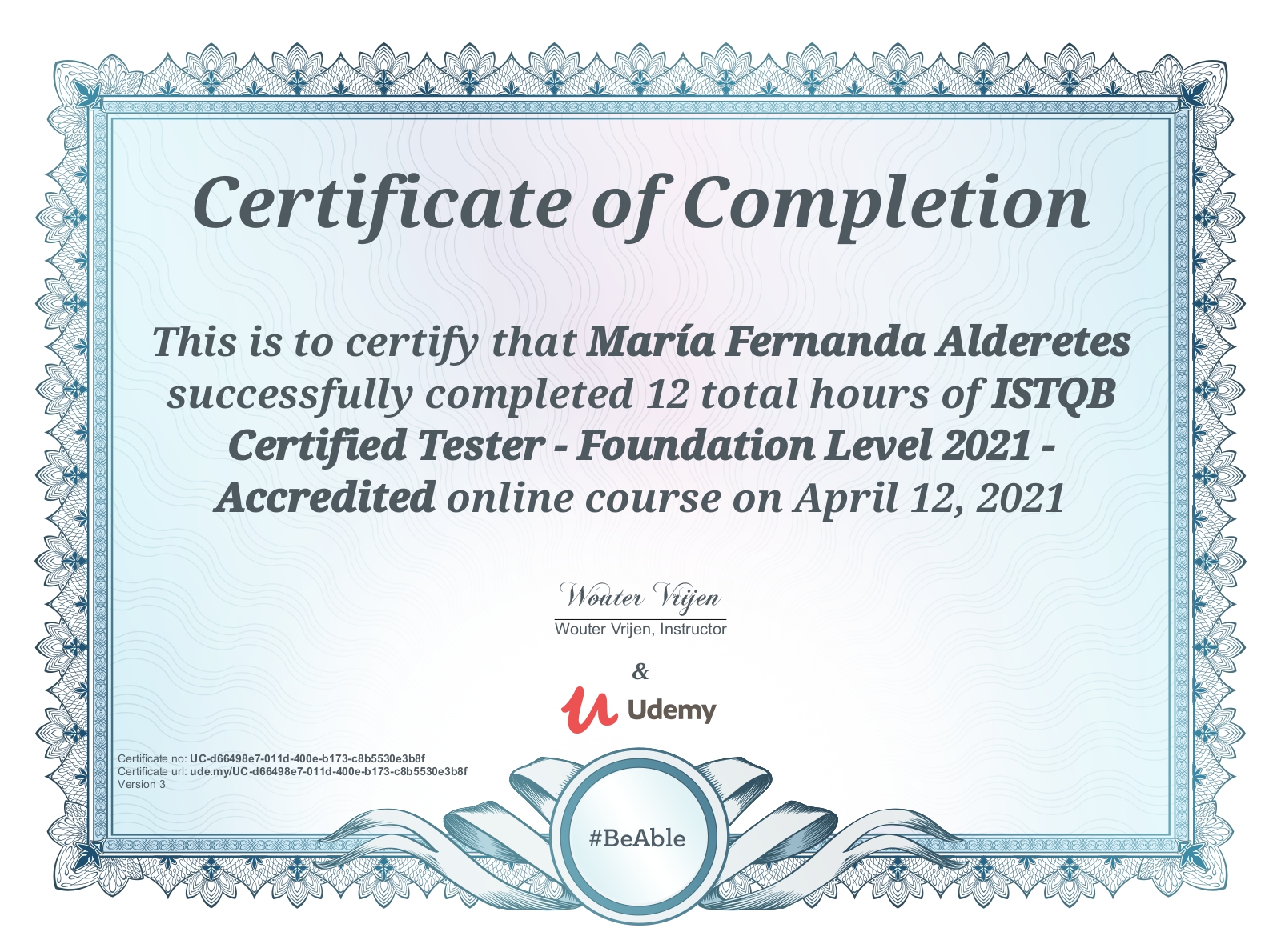 Certificate Udemy ISTQB of Maria Fernanda Alderetes