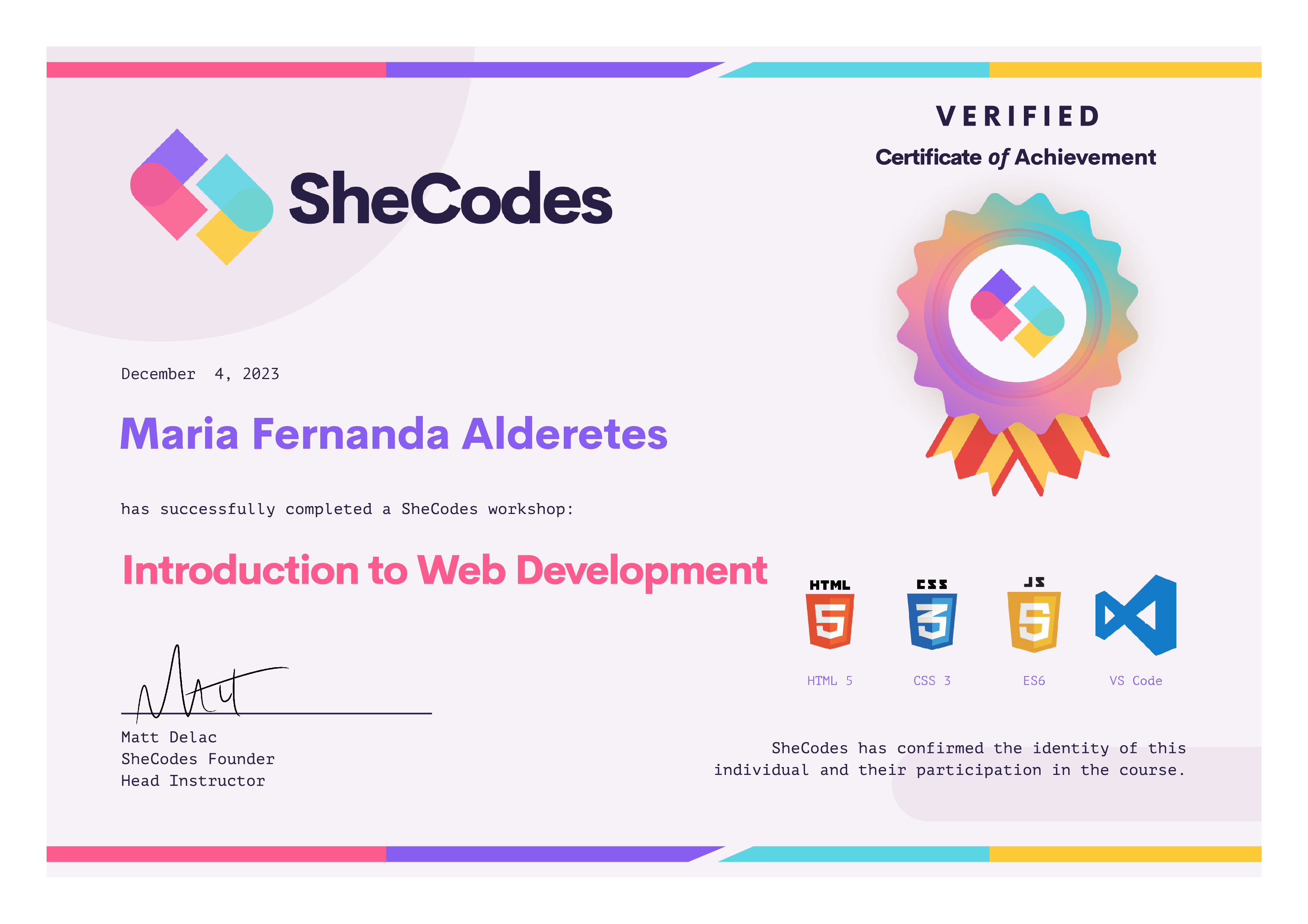 Certificate SheCodes Basics Add-on of Maria Fernanda Alderetes