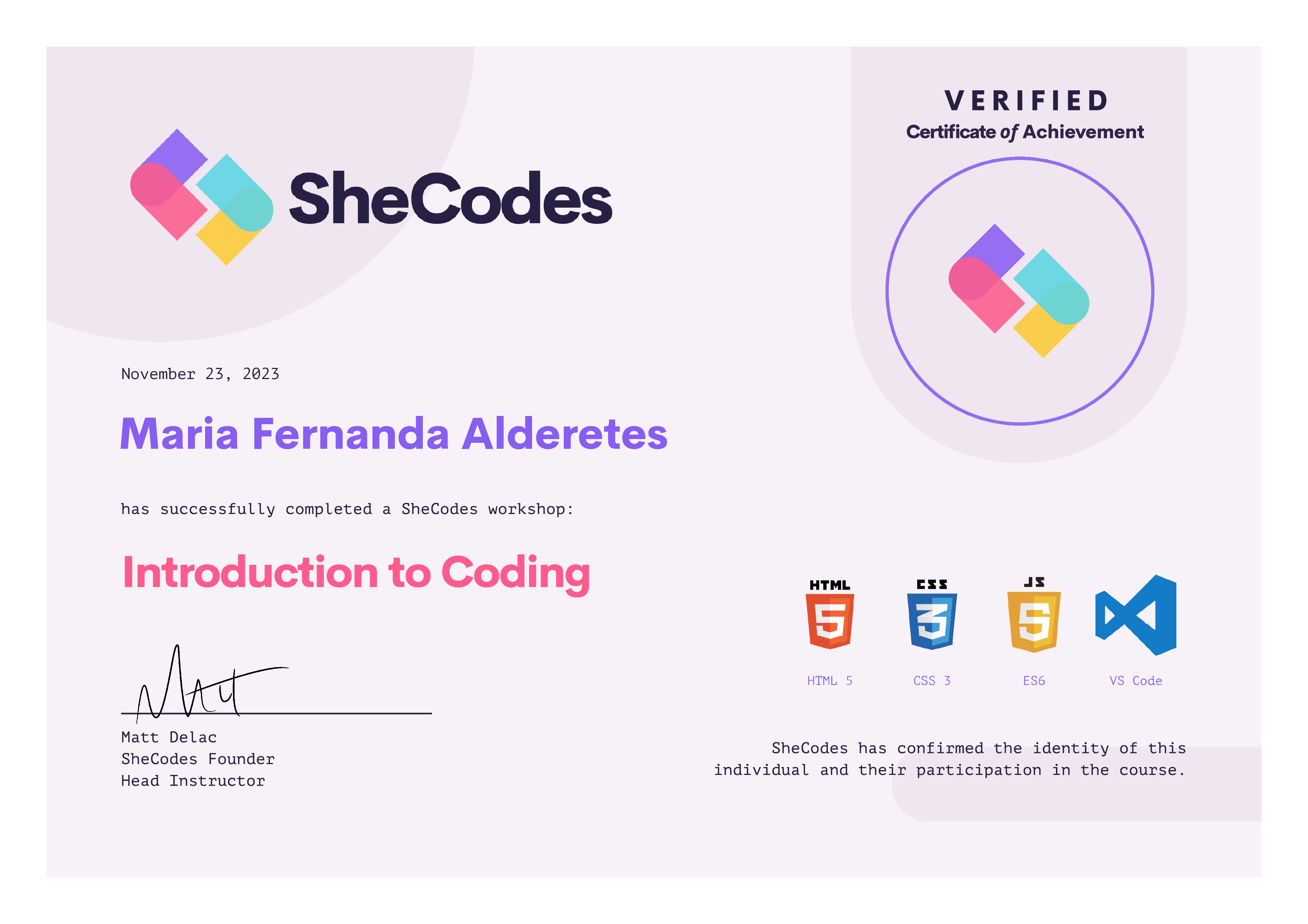 Certificate SheCodes Basics of Maria Fernanda Alderetes