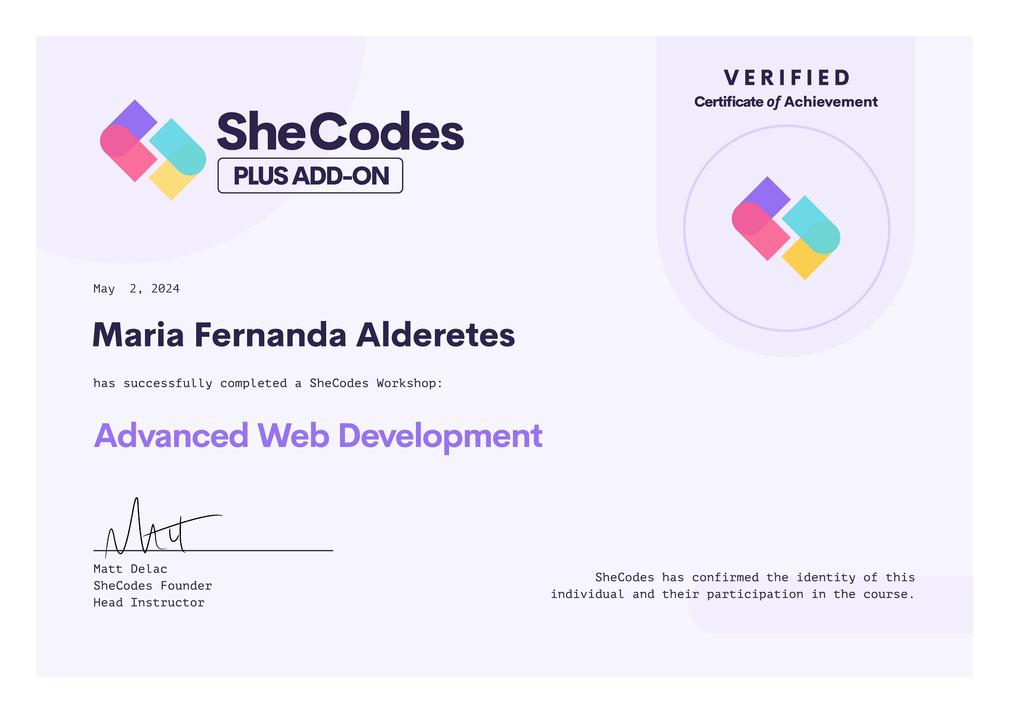 Certificate SheCodes Plus Add-on of Maria Fernanda Alderetes