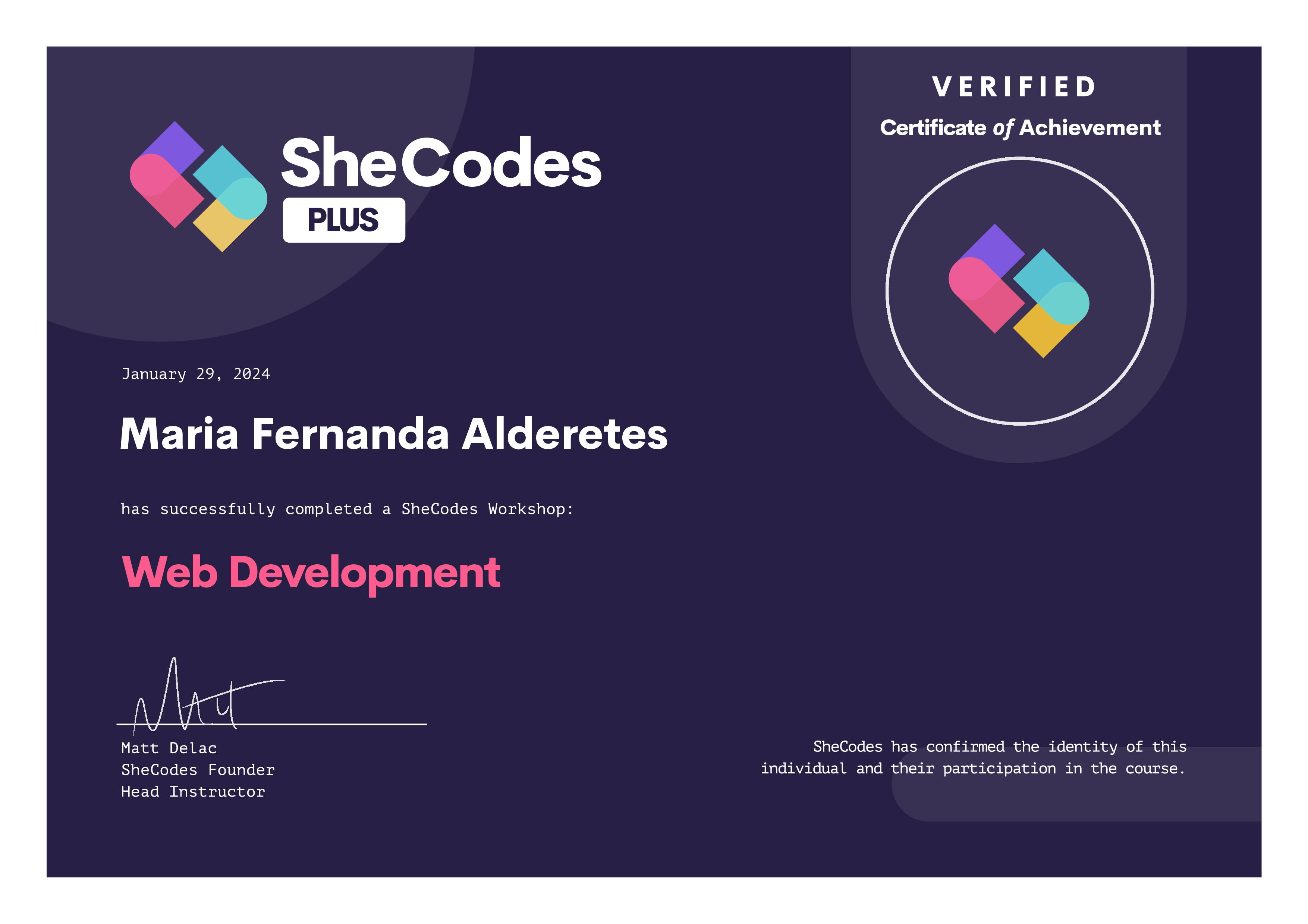 Certificate SheCodes Plus of Maria Fernanda Alderetes