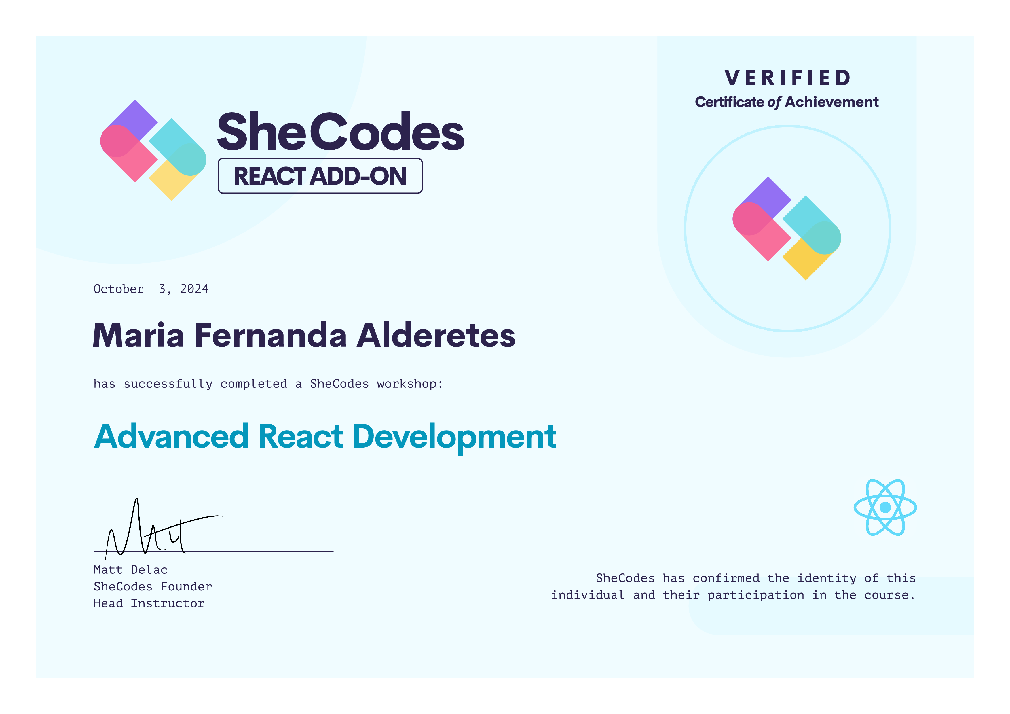 Certificate SheCodes React Add-on of Maria Fernanda Alderetes