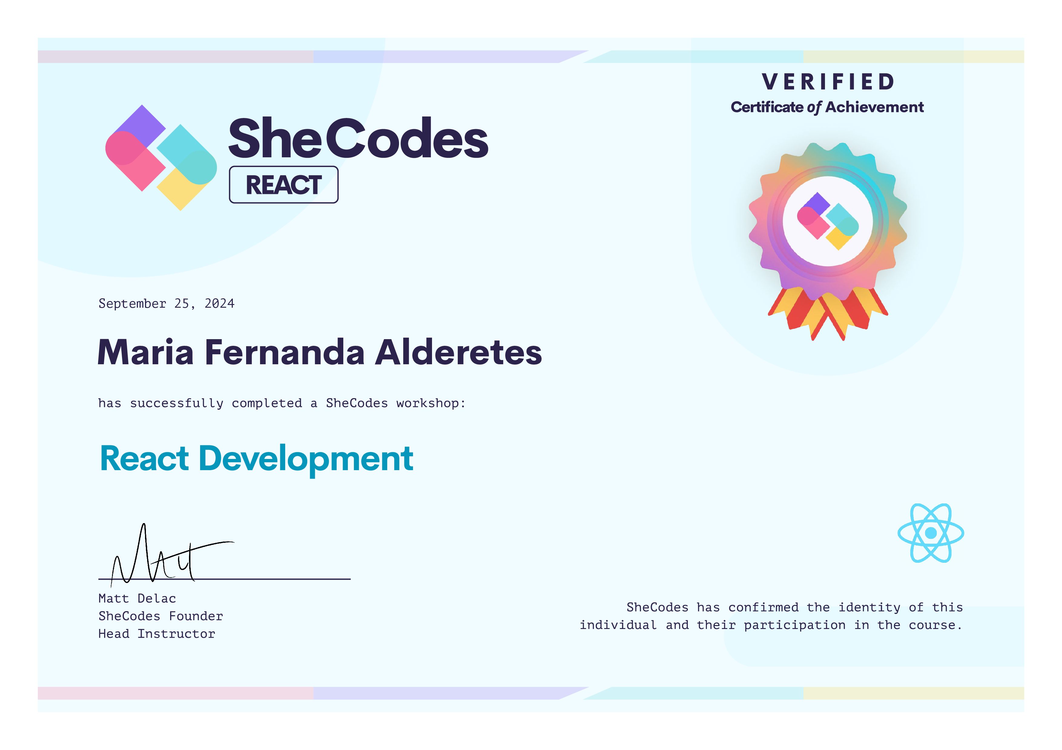 Certificate SheCodes React of Maria Fernanda Alderetes