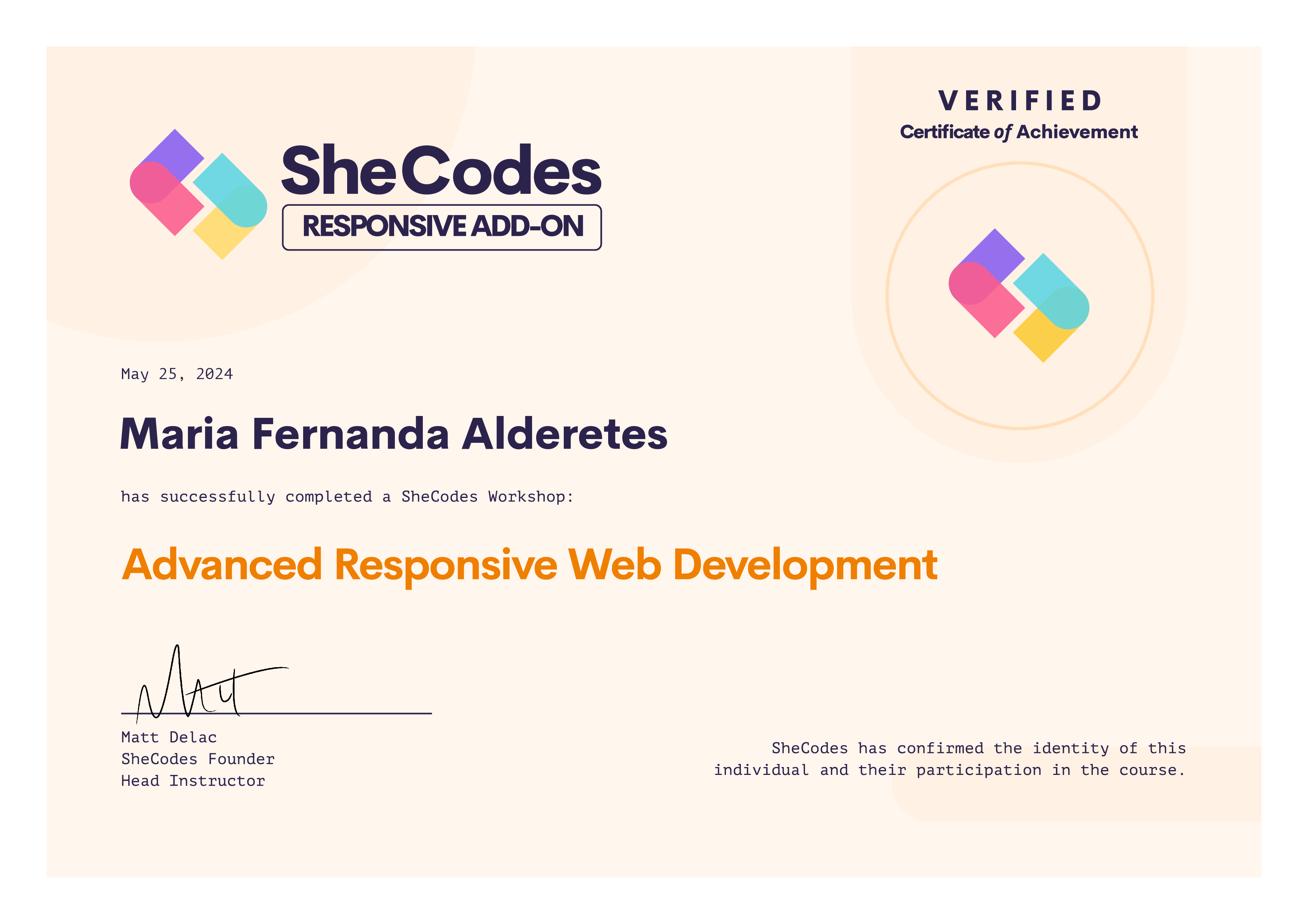 Certificate SheCodes Responsive Add-on of Maria Fernanda Alderetes