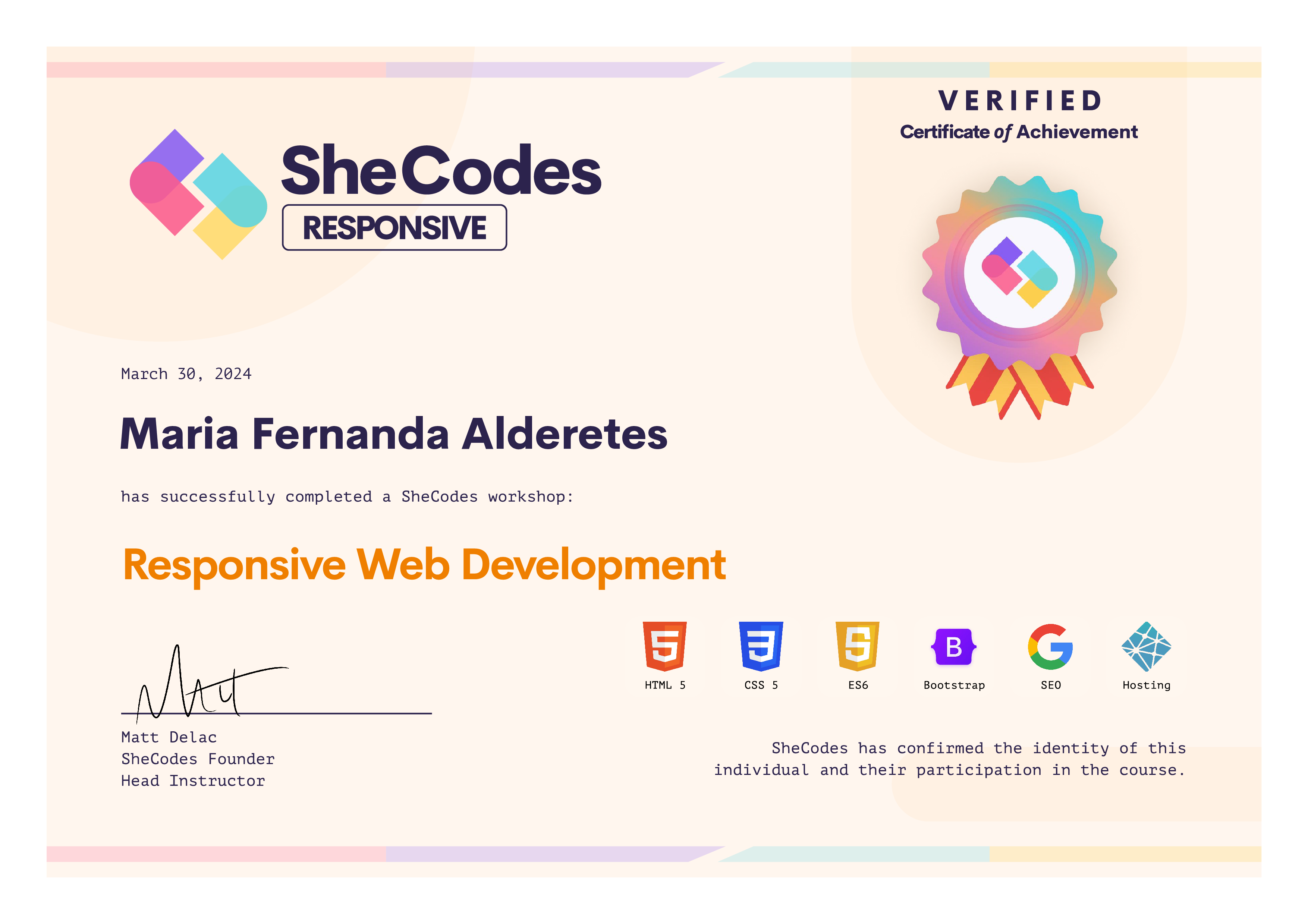 Certificate SheCodes Responsive of Maria Fernanda Alderetes